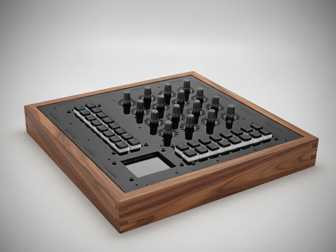 GrooviXBox — MIDI performance controller in a walnut enclosure